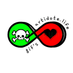 horizontal infinity symbol with in the left loop a green background with a skull&bones and in the right loop a black love-heart on a blood red background. above & below it says gif's artidote.life